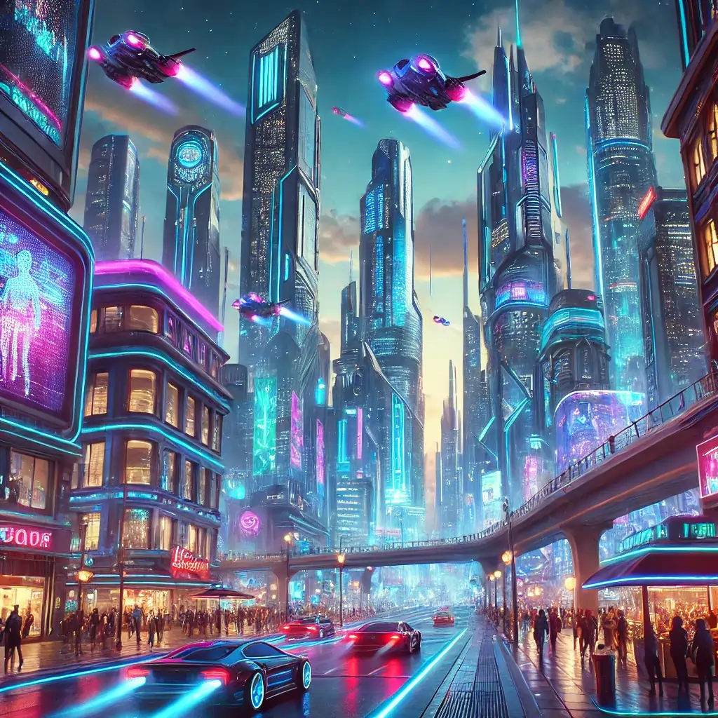Imagine a high-tech metropolis with flying cars, towering (1)